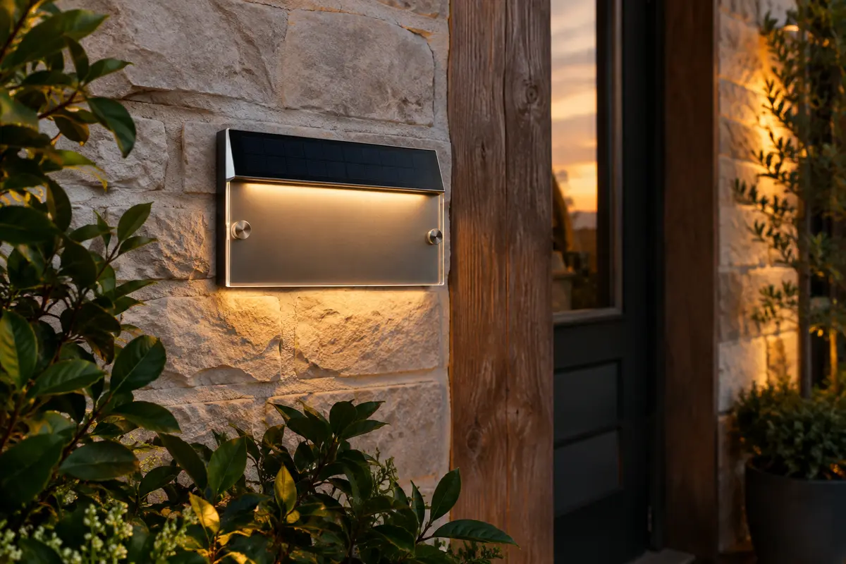 Plaque solaire personnalisable de numéro de maison fixée près d’une entrée au crépuscule