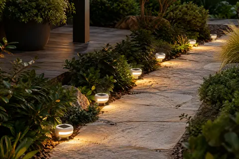 Six spots solaires blancs diffusent une lumière blanc chaud le long d’un chemin de jardin au crépuscule.