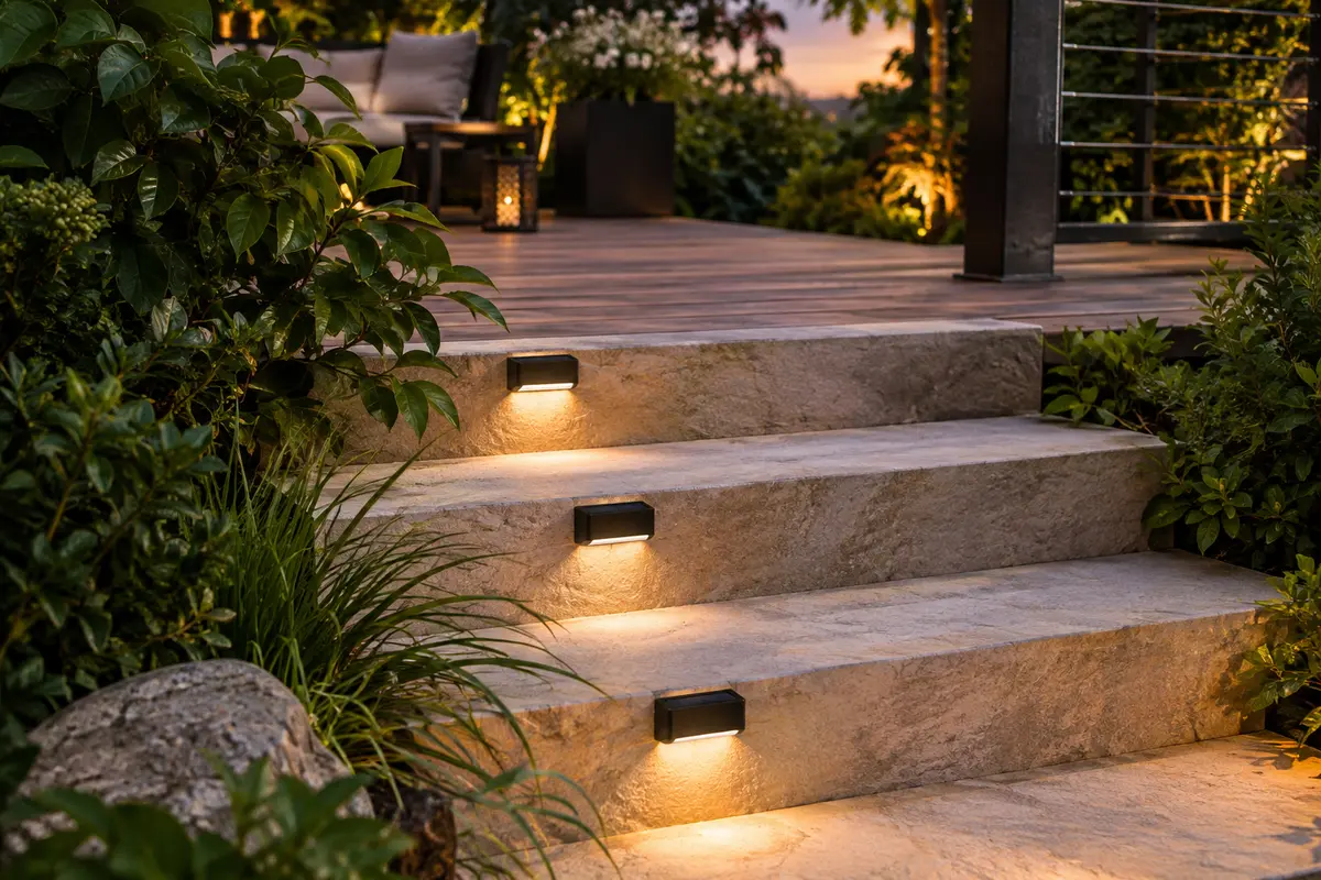Lampes solaires noires à lumière blanc chaud balisant des marches de pierre dans un jardin au crépuscule