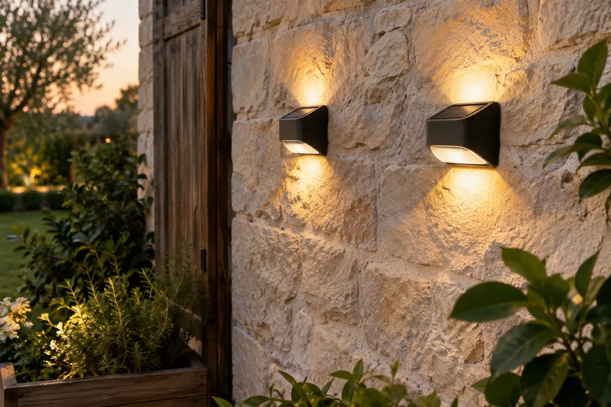 Deux appliques solaires murales diffusent une lumière blanc chaud sur un mur de pierre au crépuscule.