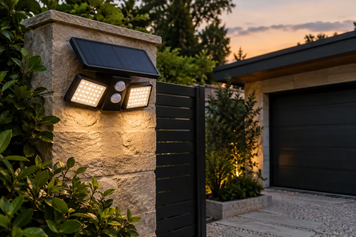 Projecteur solaire noir à deux capteurs installé près d’un portail de jardin au crépuscule