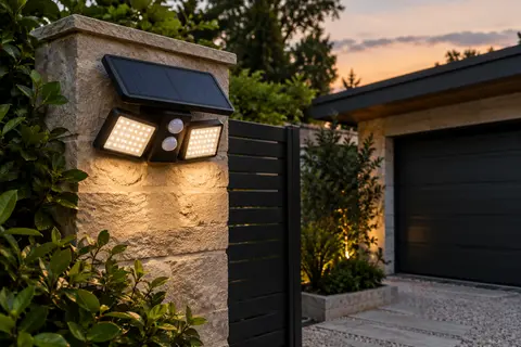 Projecteur solaire noir à deux capteurs installé près d’un portail de jardin au crépuscule