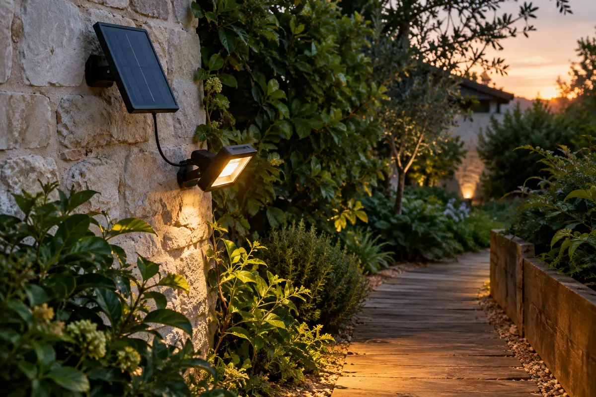 Projecteur solaire noir à panneau déporté éclairant un sentier de jardin au crépuscule
