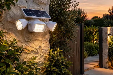 Projecteur solaire blanc à trois têtes fixé sur un mur de pierre dans un jardin au crépuscule
