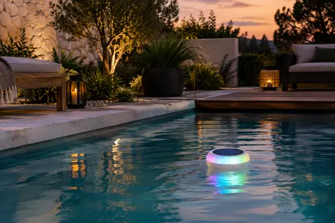 Lampe solaire flottante blanche sur une piscine, avec des LED multicolores visibles au crépuscule.