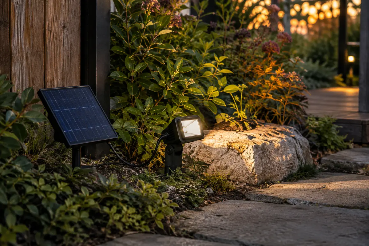 Projecteur solaire noir à panneau déporté installé près d’une allée de jardin au crépuscule