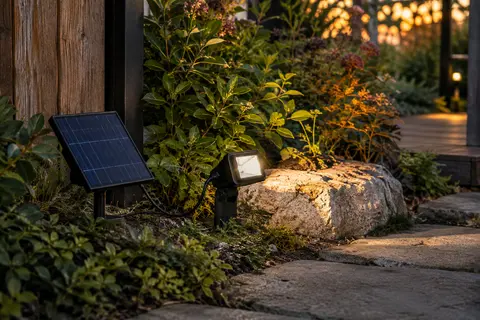 Projecteur solaire noir à panneau déporté installé près d’une allée de jardin au crépuscule