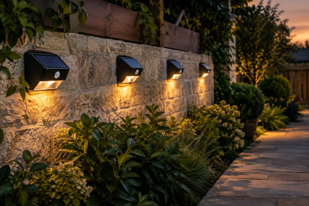 Lot d’appliques solaires murales noires avec détecteur, installé près d’une allée de jardin au crépuscule