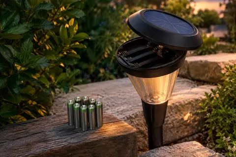 Huit piles rechargeables AAA disposées près d’une lampe solaire de jardin au crépuscule