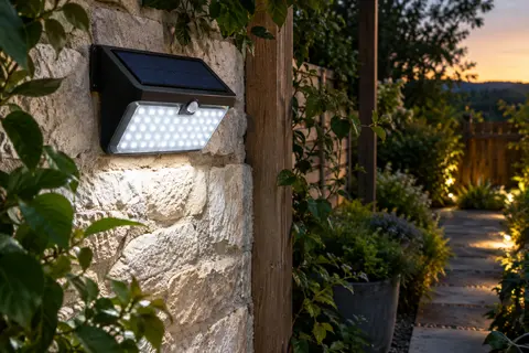 Applique solaire murale à détecteur fixée sur un mur de pierre et éclairant un passage de jardin