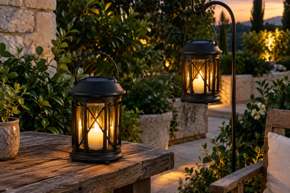 Deux lanternes solaires noires à effet bougie, posées et suspendues dans un jardin au crépuscule.