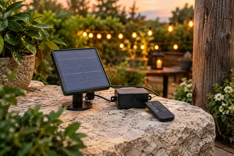 Kit Joysing de panneau solaire, boîtier de commande et télécommande posé dans un jardin au crépuscule.