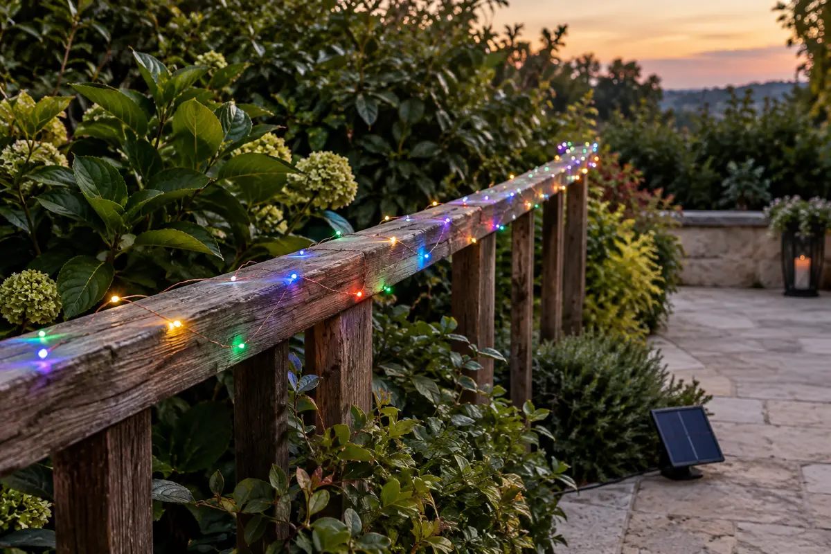 Guirlande solaire de 50 LED multicolores installée sur une rambarde de terrasse au crépuscule