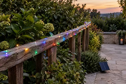 Guirlande solaire de 50 LED multicolores installée sur une rambarde de terrasse au crépuscule