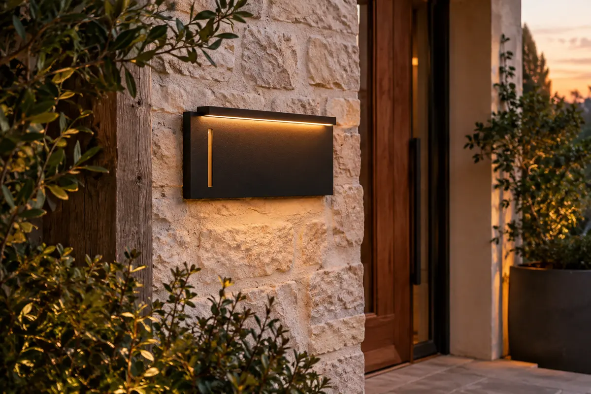 Plaque solaire noire en aluminium installée près d’une entrée, éclairée doucement au crépuscule