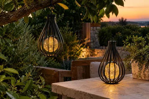 Deux lanternes solaires en forme de goutte, l’une suspendue et l’autre posée, diffusent une lumière chaude.