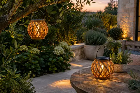 Deux lanternes solaires tressées couleur bois, l’une suspendue et l’autre posée au jardin au crépuscule.
