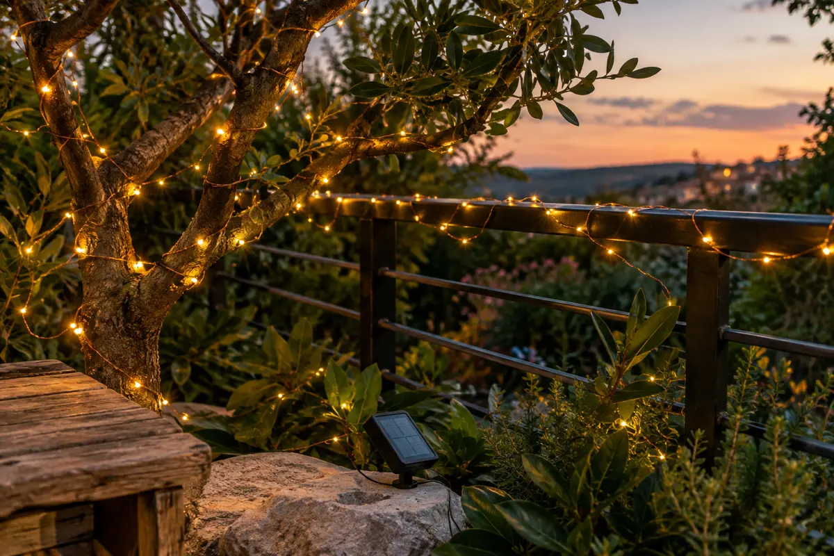 Deux guirlandes solaires à LED chaudes décorent une rambarde et un arbre dans un jardin au crépuscule.