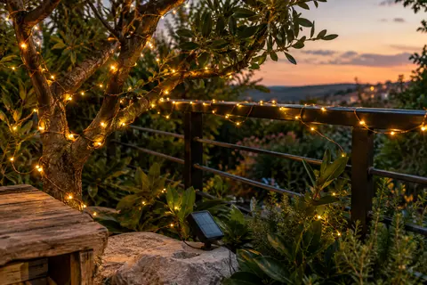 Deux guirlandes solaires à LED chaudes décorent une rambarde et un arbre dans un jardin au crépuscule.