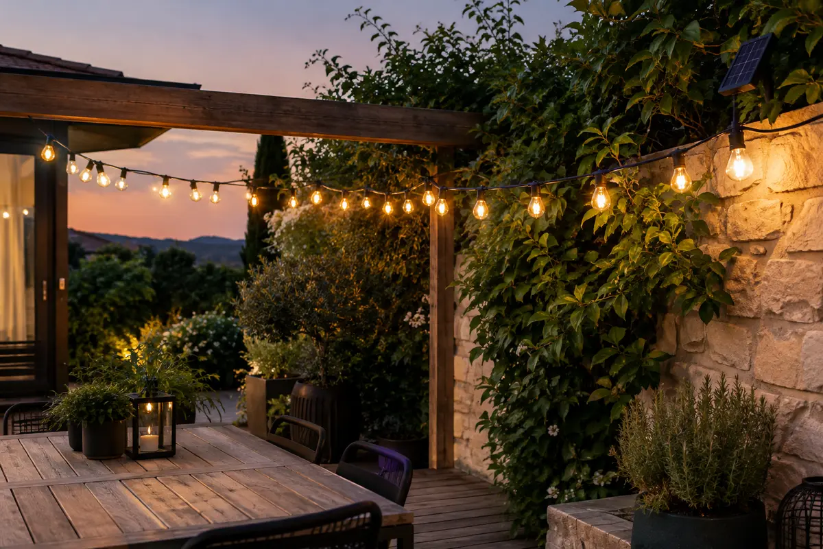Guirlande solaire à ampoules blanc chaud installée sur une terrasse au milieu de feuillages