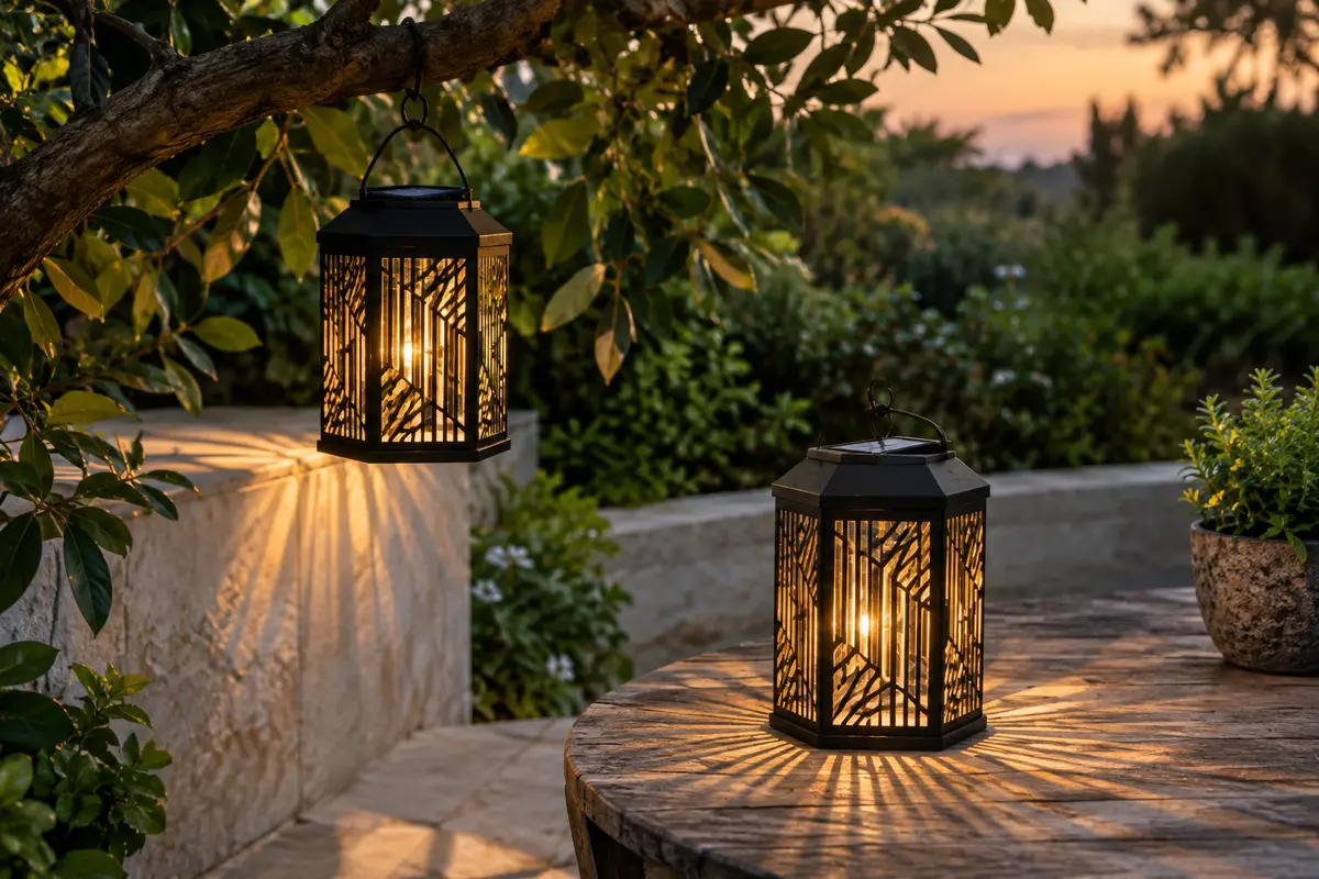 Deux lanternes solaires hexagonales en métal diffusent une lumière chaude dans un jardin au crépuscule.