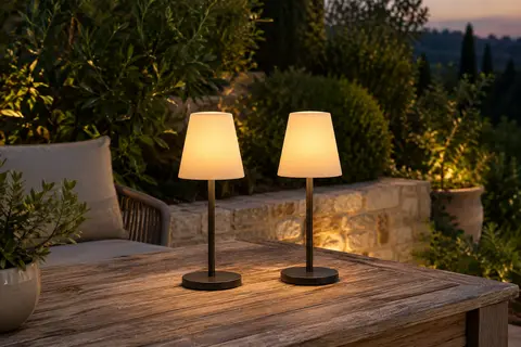 Deux lampes de table à abat-jour blanc laiteux éclairent une terrasse au crépuscule.