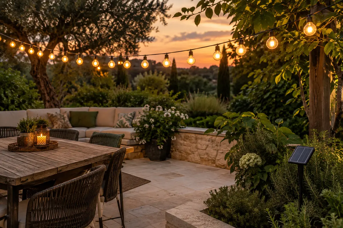 Guirlande solaire à ampoules rondes diffusant une lumière chaude au-dessus d’une terrasse de jardin au crépuscule