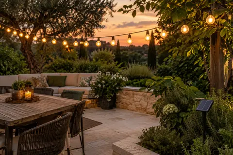 Guirlande solaire à ampoules rondes diffusant une lumière chaude au-dessus d’une terrasse de jardin au crépuscule