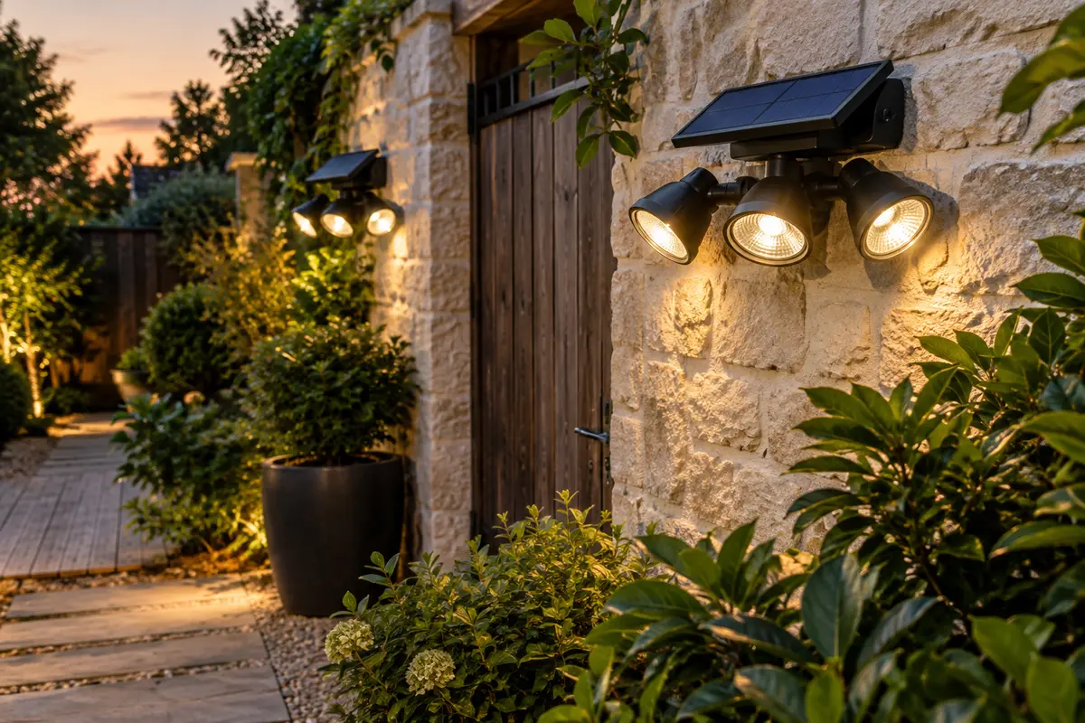 Deux projecteurs solaires noirs à trois têtes orientables installés sur un mur de jardin au crépuscule.