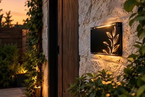 Plaque de numéro solaire en métal noir et or fixée près d’une entrée au crépuscule.