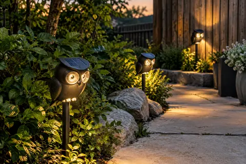 Quatre projecteurs solaires à lumière chaude balisent une allée bordée de feuillages au crépuscule.