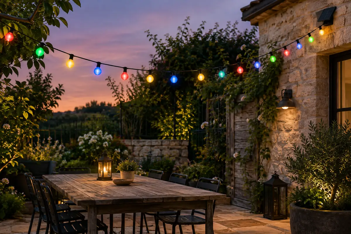 Guirlande solaire Litark à ampoules G40 multicolores installée sur une terrasse de jardin au crépuscule