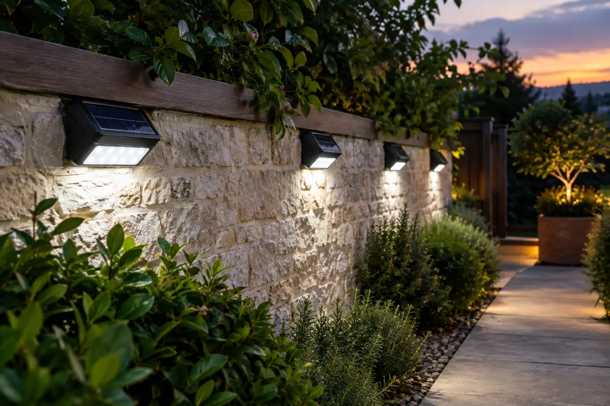 Quatre projecteurs solaires muraux éclairent une allée de jardin près d’un mur de pierre au crépuscule.