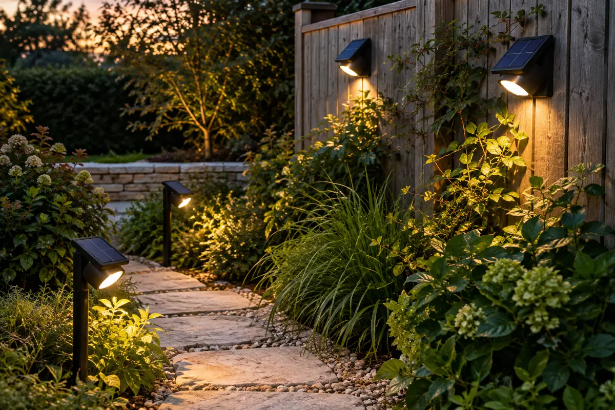 Quatre spots solaires blanc chaud éclairent une allée, des plantations et une clôture de jardin au crépuscule.