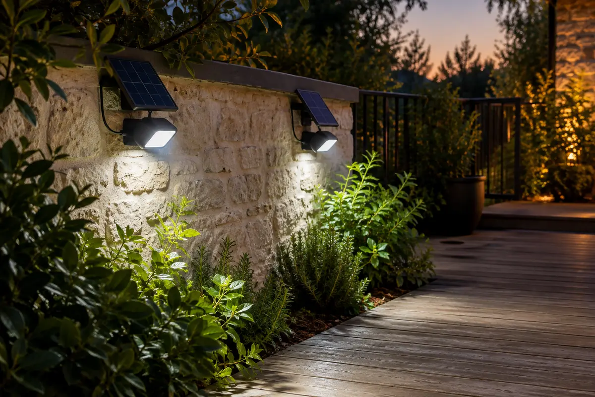 Deux projecteurs solaires Lotmos avec panneaux déportés éclairent un passage de jardin au crépuscule.