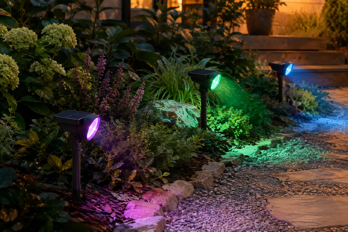 Trois spots solaires RGB orientés vers un massif et un chemin dans un jardin au crépuscule.