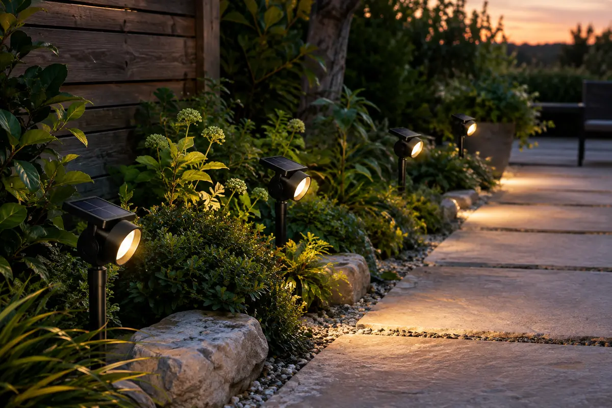 Quatre spots solaires à piquer éclairent une allée de jardin et un massif au crépuscule.