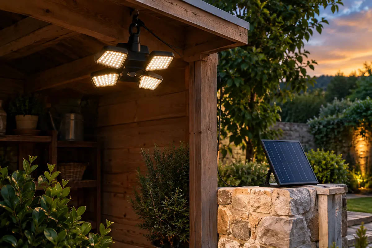 Projecteur solaire noir suspendu sous un abri, avec ses panneaux LED et son panneau solaire séparé au crépuscule.