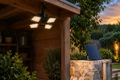 Projecteur solaire noir suspendu sous un abri, avec ses panneaux LED et son panneau solaire séparé au crépuscule.