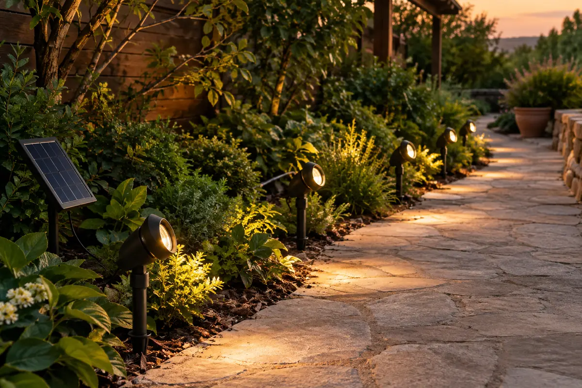 Six spots solaires éclairent un chemin de pierre dans un jardin au crépuscule, avec un panneau solaire à proximité.