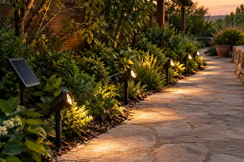 Six spots solaires éclairent un chemin de pierre dans un jardin au crépuscule, avec un panneau solaire à proximité.