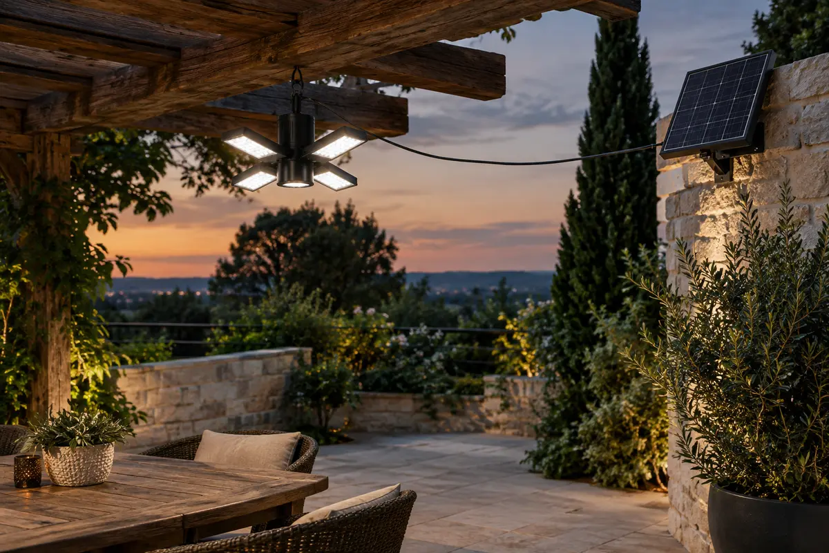 Suspension solaire noire à quatre panneaux LED orientables sous une pergola, reliée par câble à un panneau solaire séparé