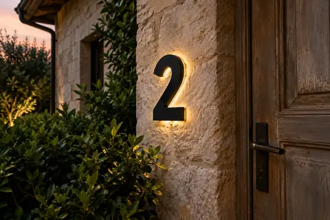 Chiffre 2 noir mat fixé sur un mur de pierre claire près d’une porte, entouré d’un halo de lumière blanc chaud au crépuscule.