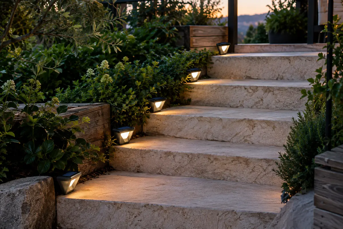 Lampes solaires triangulaires à lumière blanc chaud installées le long des marches d’un jardin