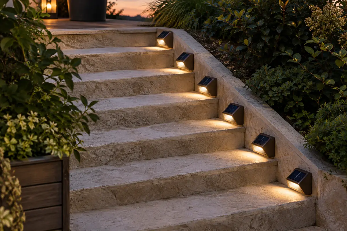 Six lampes solaires triangulaires marron éclairant chacune une marche d’un escalier en pierre au crépuscule