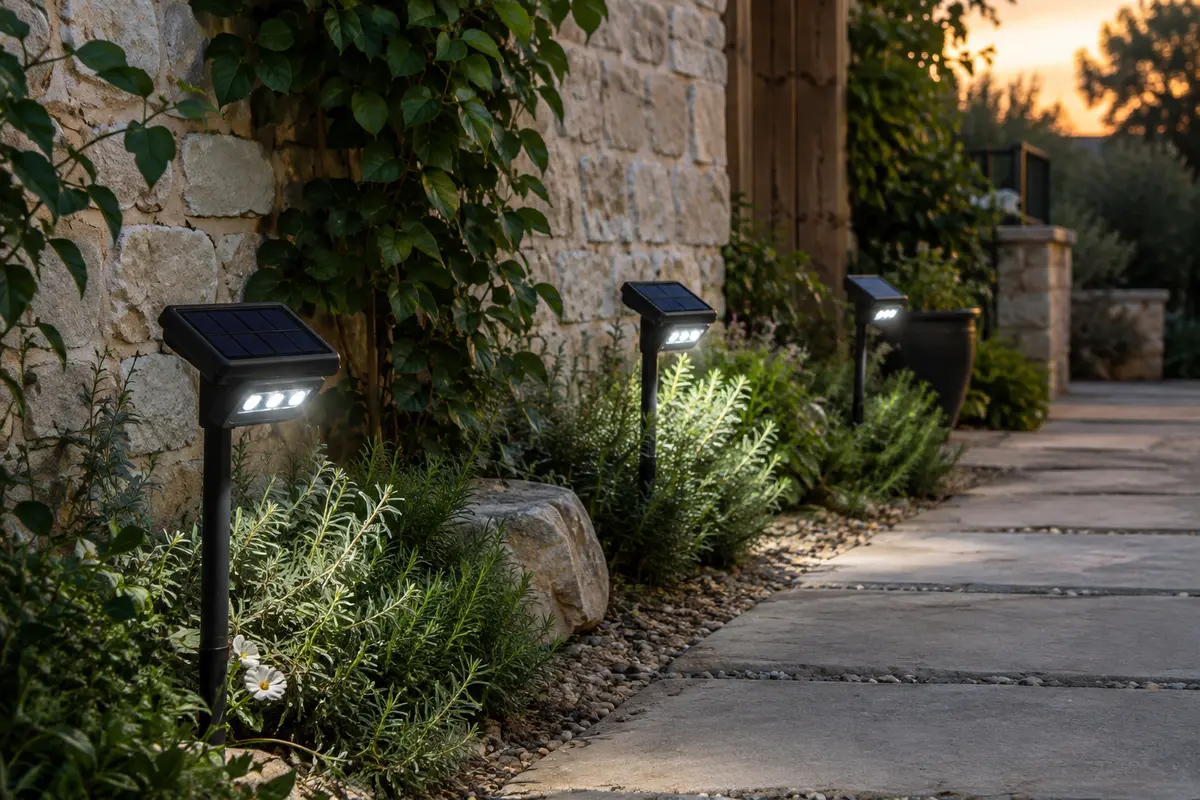 Trois spots solaires à détecteur éclairent un mur de jardin et une allée au crépuscule.
