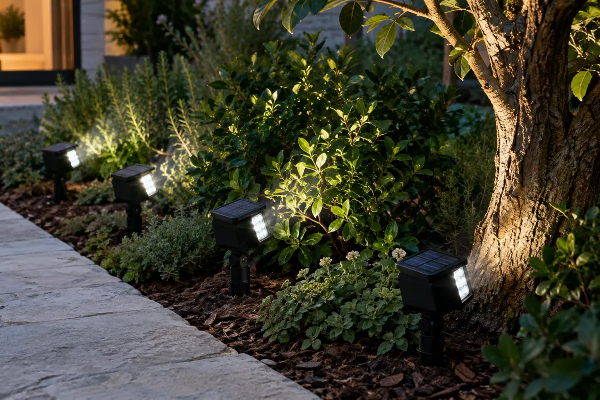 Quatre projecteurs solaires noirs orientables, plantés au ras du sol au bord d’une allée, éclairent un arbuste et un tronc en blanc froid au crépuscule.