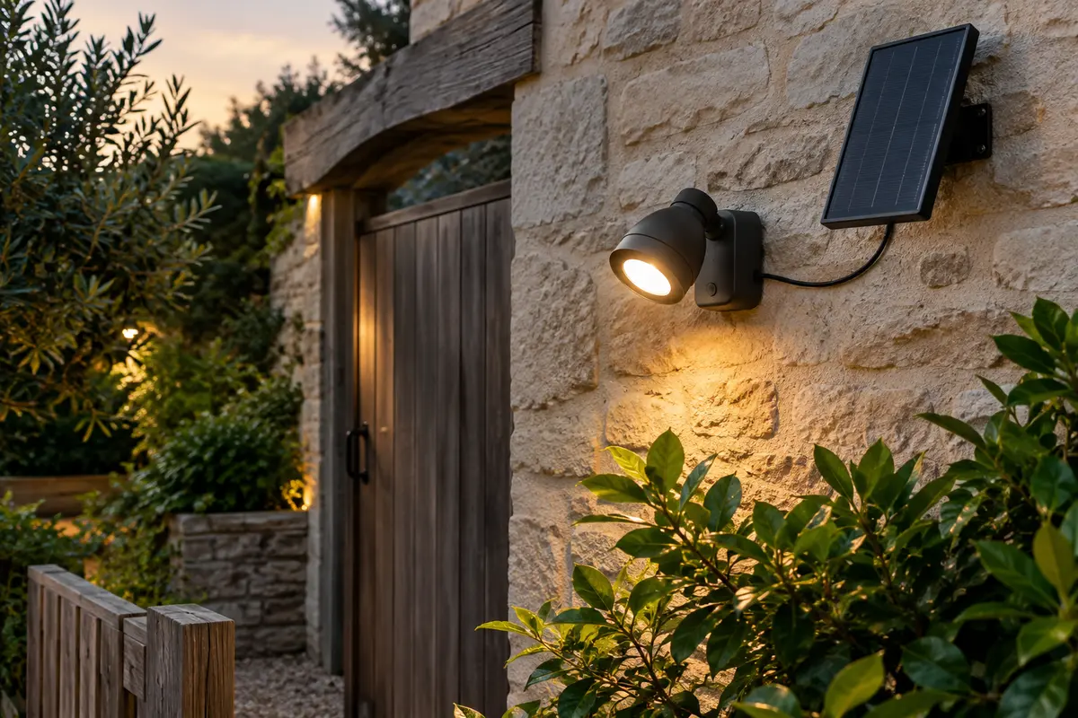 Spot solaire mural anthracite orientable près d’une entrée de jardin au crépuscule