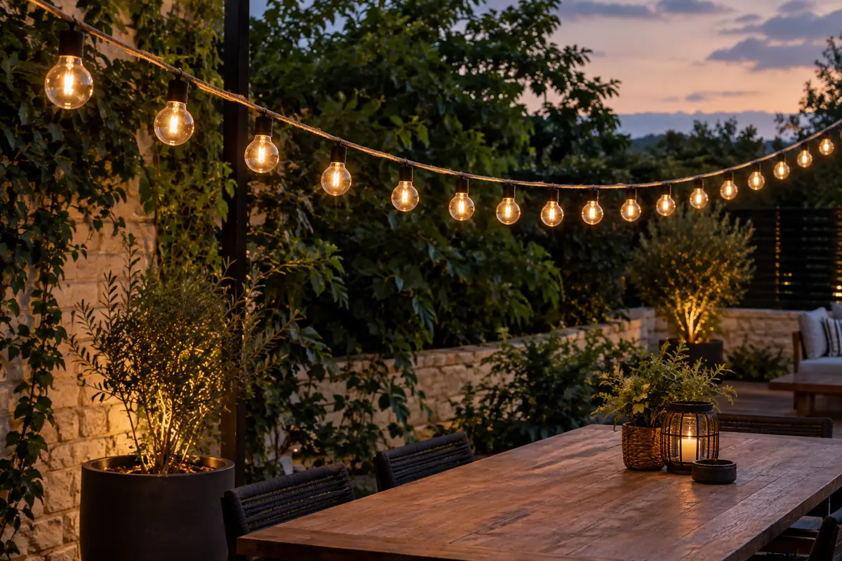 Guirlande solaire Ollny à ampoules blanc chaud suspendue au-dessus d’une terrasse au crépuscule