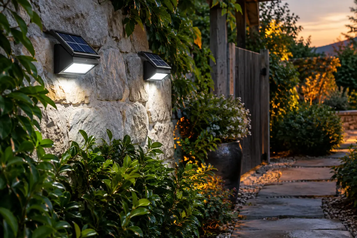 Deux projecteurs solaires à détecteur éclairent un passage de jardin au crépuscule.